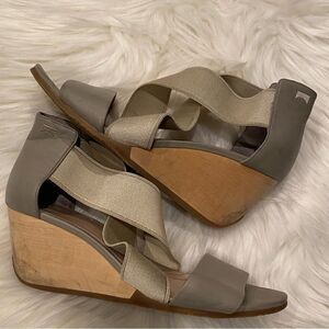 Camper Gray Crisscross Wood Wedge Heels Size 9